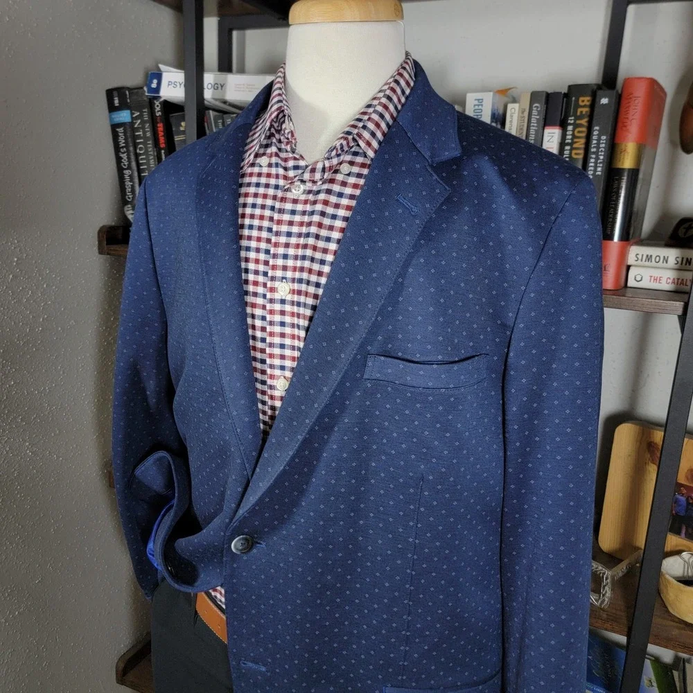 Ben Sherman Tailoring Mens Sport Coat Blazer Two Button Navy Blue Poly Blend 48L